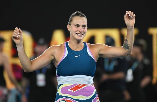 TENNIS AUSTRALIAN OPEN, Aryna Sabalenka of Belarus reacts after defeating Elena Rybakina of Kazakhstan in the women?s singles final at the 2023 Australian Open tennis championship at Melbourne Park in Melbourne, Saturday, January 28, 2023. ( NO ARCHIVING, EDITORIAL USE ONLY, NO USE IN BOOKS WITHOUT CONSENT MELBOURNE VICTORIA AUSTRALIA  Copyright: xJAMESxROSSx 20230128001757493655