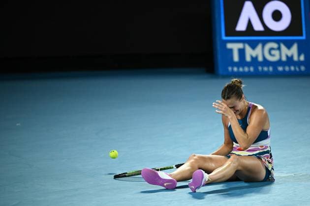 TENNIS AUSTRALIAN OPEN, Aryna Sabalenka of Belarus celebrates match point during the Women?s Singles Final against Elena Rybakina of Kazakhstan at the 2023 Australian Open tennis tournament at Melbourne Park in Melbourne, Saturday, January 28, 2023. ( NO ARCHIVING, EDITORIAL USE ONLY, NO USE IN BOOKS WITHOUT CONSENT MELBOURNE VICTORIA AUSTRALIA  Copyright: xJOELxCARRETTx 20230128001757494475