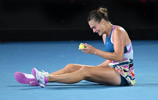 TENNIS AUSTRALIAN OPEN, Aryna Sabalenka of Belarus reacts after defeating Elena Rybakina of Kazakhstan in the women?s singles final at the 2023 Australian Open tennis championship at Melbourne Park in Melbourne, Saturday, January 28, 2023. ( NO ARCHIVING, EDITORIAL USE ONLY, NO USE IN BOOKS WITHOUT CONSENT MELBOURNE VICTORIA AUSTRALIA  Copyright: xJAMESxROSSx 20230128001757495512