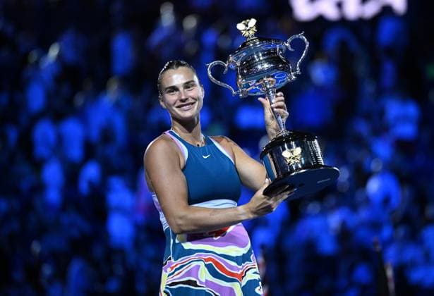 TENNIS AUSTRALIAN OPEN, Aryna Sabalenka of Belarus celebrates after defeating Elena Rybakina of Kazakhstan in the women?s singles final at the 2023 Australian Open tennis championship at Melbourne Park in Melbourne, Saturday, January 28, 2023. ( NO ARCHIVING, EDITORIAL USE ONLY, NO USE IN BOOKS WITHOUT CONSENT MELBOURNE VICTORIA AUSTRALIA  Copyright: xJAMESxROSSx 20230128001757497243
