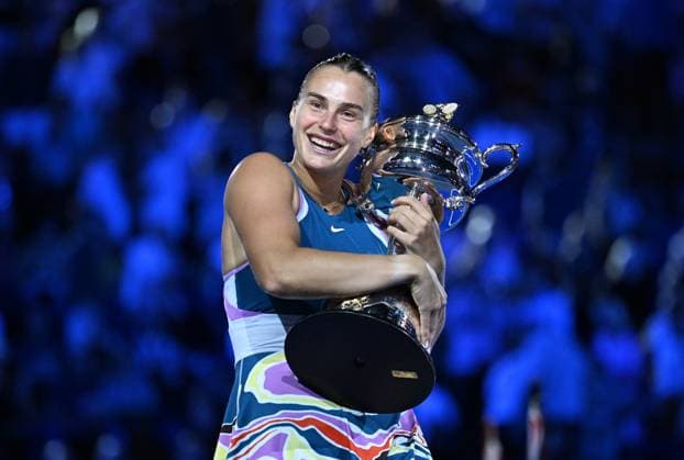 TENNIS AUSTRALIAN OPEN, Aryna Sabalenka of Belarus celebrates after defeating Elena Rybakina of Kazakhstan in the women?s singles final at the 2023 Australian Open tennis championship at Melbourne Park in Melbourne, Saturday, January 28, 2023. ( NO ARCHIVING, EDITORIAL USE ONLY, NO USE IN BOOKS WITHOUT CONSENT MELBOURNE VICTORIA AUSTRALIA  Copyright: xJAMESxROSSx 20230128001757497671