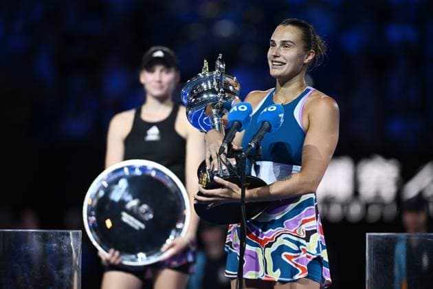 TENNIS AUSTRALIAN OPEN, Aryna Sabalenka of Belarus holds the Daphne Akhurst Memorial Cup following her win in the Women?s Singles Final at the 2023 Australian Open tennis tournament at Melbourne Park in Melbourne, Saturday, January 28, 2023. ( NO ARCHIVING, EDITORIAL USE ONLY, NO USE IN BOOKS WITHOUT CONSENT MELBOURNE VICTORIA AUSTRALIA  Copyright: xJOELxCARRETTx 20230128001757497741