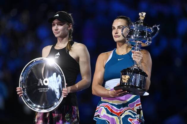 TENNIS AUSTRALIAN OPEN, Aryna Sabalenka of Belarus and Elena Rybakina of Kazakhstan hold pose with thier trophies follwing the Women?s Singles Final at the 2023 Australian Open tennis tournament at Melbourne Park in Melbourne, Saturday, January 28, 2023. ( NO ARCHIVING, EDITORIAL USE ONLY, NO USE IN BOOKS WITHOUT CONSENT MELBOURNE VICTORIA AUSTRALIA  Copyright: xJOELxCARRETTx 20230128001757500022
