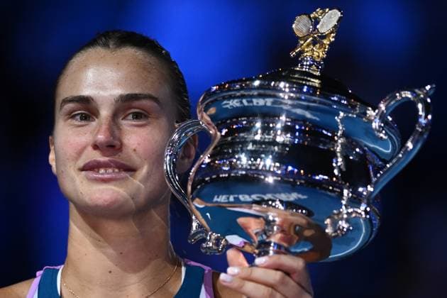 TENNIS AUSTRALIAN OPEN, Aryna Sabalenka of Belarus holds the Daphne Akhurst Memorial Cup following her win in the Women?s Singles Final at the 2023 Australian Open tennis tournament at Melbourne Park in Melbourne, Saturday, January 28, 2023. ( NO ARCHIVING, EDITORIAL USE ONLY, NO USE IN BOOKS WITHOUT CONSENT MELBOURNE VICTORIA AUSTRALIA  Copyright: xJOELxCARRETTx 20230128001757502308