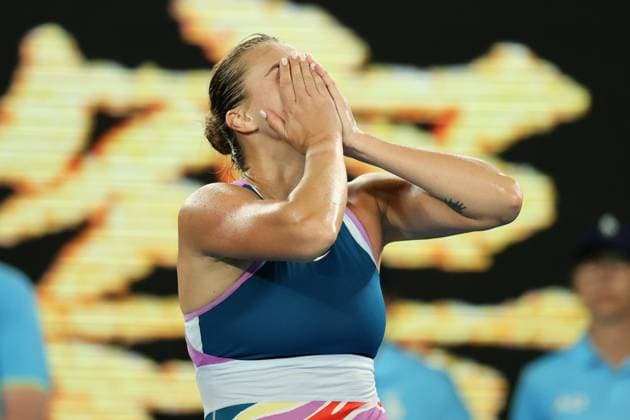 Aryna Sabalenka celebrates defeating Elena Rybakina of Kazakistan 4-6 6-3 6-4 in the Women™s Singles Final match, Day 13 at the Australian Open Tennis 2023 at Rod Laver Arena, Melbourne, Australia on 28 January 2023. Copyright: xPeterxDovganx 34782695