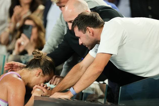 Aryna Sabalenka celebrates defeating Elena Rybakina of Kazakistan 4-6 6-3 6-4 in the Women™s Singles Final match, Day 13 at the Australian Open Tennis 2023 at Rod Laver Arena, Melbourne, Australia on 28 January 2023. Copyright: xPeterxDovganx 34782700