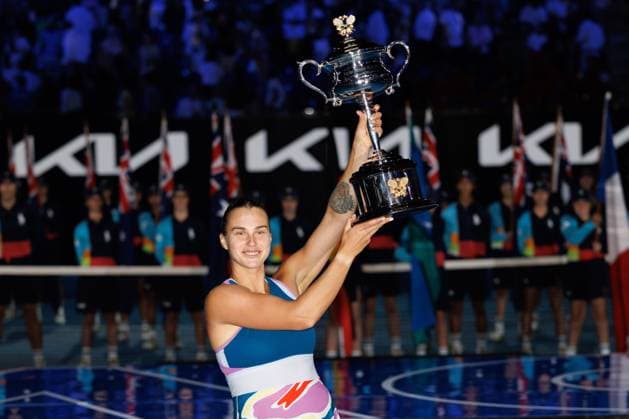 January 28, 2023: The Australian Open WomenÃ¢â‚¬â ¢s Champion 5th seed ARYNA SABALENKA of Belarus pose with the trophy after defeating 22nd seed ELENA RYBAKINA of Kazakhstan on Rod Laver Arena on day 13 of the 2023 Australian Open in Melbourne, Australia. Cal Media USA - ZUMAc04_ 20230128_zaf_c04_018 Copyright: xSydneyxLowx