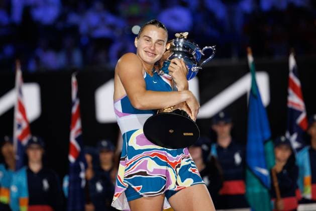 January 28, 2023: The Australian Open WomenÃ¢â‚¬â ¢s Champion 5th seed ARYNA SABALENKA of Belarus pose with the trophy after defeating 22nd seed ELENA RYBAKINA of Kazakhstan on Rod Laver Arena on day 13 of the 2023 Australian Open in Melbourne, Australia. Cal Media USA - ZUMAc04_ 20230128_zaf_c04_019 Copyright: xSydneyxLowx