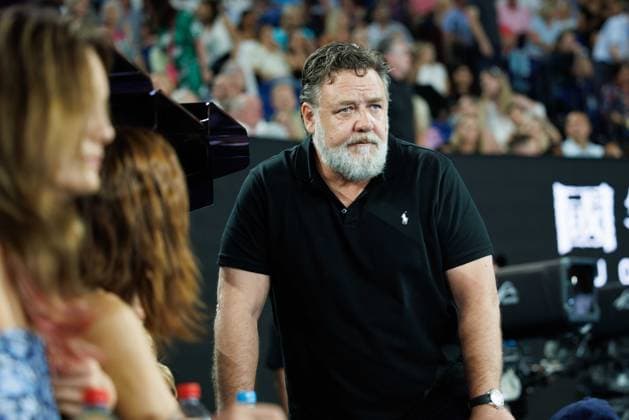 January 28, 2023: Australian actor Russell Crowe watches the WomenÃ¢â‚¬â ¢s Singles Final match between 5th seed ARYNA SABALENKA of Belarus and 22nd seed ELENA RYBAKINA of Kazakhstan on Rod Laver Arena on day 13 of the 2023 Australian Open in Melbourne, Australia. Cal Media USA - ZUMAc04_ 20230128_zaf_c04_034 Copyright: xSydneyxLowx
