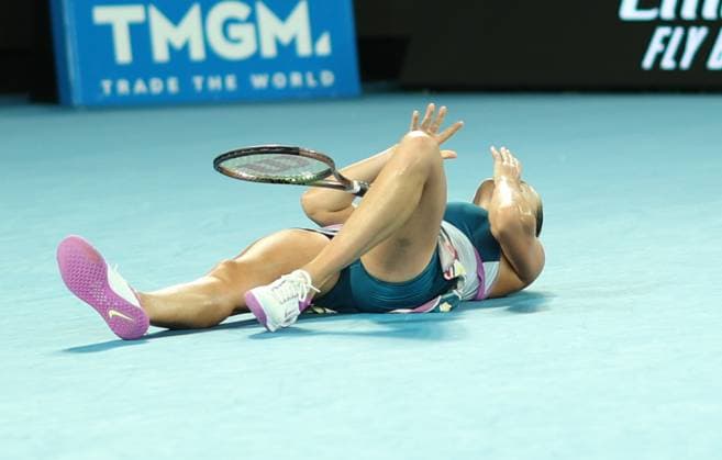 (230128) -- MELBOURNE, Jan. 28, 2023 -- Aryna Sabalenka of Belarus celebrates after winning the women s singles final match between Elena Rybakina of Kazakhstan and Aryna Sabalenka of Belarus at Australian Open tennis tournament, in Melbourne, Australia, Jan. 28, 2023. ) (SP)AUSTRALIA-MELBOURNE-TENNIS-AUSTRALIAN OPEN-WOMEN S SINGLES-FINAL BaixXuefei 