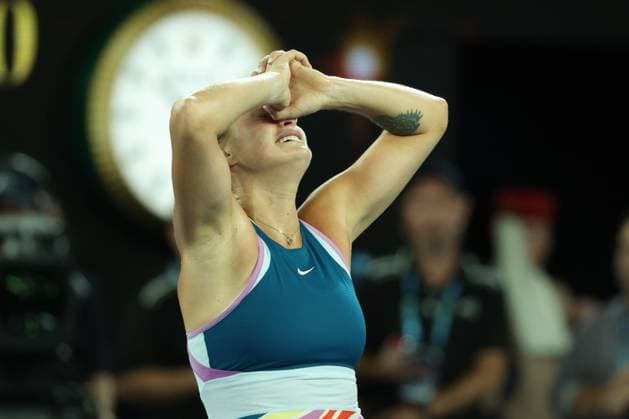 (230128) -- MELBOURNE, Jan. 28, 2023 -- Aryna Sabalenka of Belarus celebrates after winning the women s singles final match between Elena Rybakina of Kazakhstan and Aryna Sabalenka of Belarus at Australian Open tennis tournament, in Melbourne, Australia, Jan. 28, 2023. ) (SP)AUSTRALIA-MELBOURNE-TENNIS-AUSTRALIAN OPEN-WOMEN S SINGLES-FINAL BaixXuefei 
