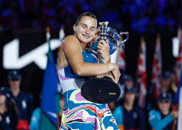 Melbourne, Australia 28th Jan , 2023 Winner Aryna Sabalenka holding the trophy of the Australian Open 2023 tournament at Melbourne Park on Saturday 28 January 202 Â Copyright: xJuergenxHasenkopfx