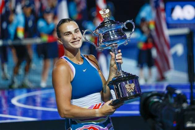 Melbourne, Australia 28th Jan , 2023 Winner Aryna Sabalenka holding the trophy of the Australian Open 2023 tournament at Melbourne Park on Saturday 28 January 202 Â Copyright: xJuergenxHasenkopfx