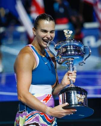 Melbourne, Australia 28th Jan , 2023 Winner Aryna Sabalenka holding the trophy of the Australian Open 2023 tournament at Melbourne Park on Saturday 28 January 202 Â Copyright: xJuergenxHasenkopfx
