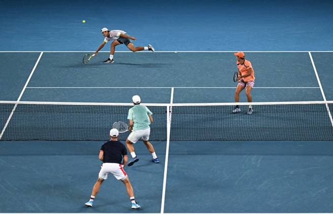 TENNIS AUSTRALIAN OPEN, Australian?s Jason Kubler (left) and Rinky Hijikata during the men?s doubles final against Hugo Nys of Monaco and Jan Zielinski of Poland at the 2023 Australian Open tennis championship at Melbourne Park in Melbourne, Saturday, January 28, 2023. ( NO ARCHIVING, EDITORIAL USE ONLY, NO USE IN BOOKS WITHOUT CONSENT MELBOURNE VICTORIA AUSTRALIA  Copyright: xLUKASxCOCHx 20230129001757528861