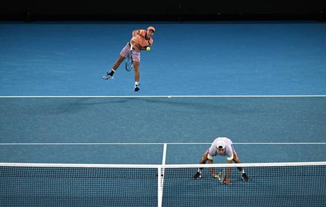 TENNIS AUSTRALIAN OPEN, Australian?s Rinky Hijikata (left) and Jason Kubler during the men?s doubles final against Hugo Nys of Monaco and Jan Zielinski of Poland at the 2023 Australian Open tennis championship at Melbourne Park in Melbourne, Saturday, January 28, 2023. ( NO ARCHIVING, EDITORIAL USE ONLY, NO USE IN BOOKS WITHOUT CONSENT MELBOURNE VICTORIA AUSTRALIA  Copyright: xLUKASxCOCHx 20230129001757530100
