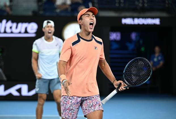 TENNIS AUSTRALIAN OPEN, Australian?s Jason Kubler (left) and Rinky Hijikata celebrate winning the men?s doubles final against Hugo Nys of Monaco and Jan Zielinski of Poland at the 2023 Australian Open tennis championship at Melbourne Park in Melbourne, Saturday, January 28, 2023. ( NO ARCHIVING, EDITORIAL USE ONLY, NO USE IN BOOKS WITHOUT CONSENT MELBOURNE VICTORIA AUSTRALIA  Copyright: xJamesxRossx 20230129001757531343