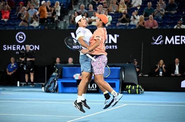 TENNIS AUSTRALIAN OPEN, Australian?s Jason Kubler (left) and Rinky Hijikata celebrate winning the men?s doubles final against Hugo Nys of Monaco and Jan Zielinski of Poland at the 2023 Australian Open tennis championship at Melbourne Park in Melbourne, Saturday, January 28, 2023. ( NO ARCHIVING, EDITORIAL USE ONLY, NO USE IN BOOKS WITHOUT CONSENT MELBOURNE VICTORIA AUSTRALIA  Copyright: xJamesxRossx 20230129001757534786