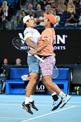 TENNIS AUSTRALIAN OPEN, Australian?s Jason Kubler (left) and Rinky Hijikata celebrate winning the men?s doubles final against Hugo Nys of Monaco and Jan Zielinski of Poland at the 2023 Australian Open tennis championship at Melbourne Park in Melbourne, Saturday, January 28, 2023. ( NO ARCHIVING, EDITORIAL USE ONLY, NO USE IN BOOKS WITHOUT CONSENT MELBOURNE VICTORIA AUSTRALIA  Copyright: xJamesxRossx 20230129001757537434