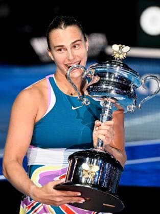 (230128) -- MELBOURNE, Jan. 28, 2023 -- Aryna Sabalenka of Belarus celebrates with the trophy after winning the women s singles final match between Elena Rybakina of Kazakhstan and Aryna Sabalenka of Belarus at Australian Open tennis tournament, in Melbourne, Australia, Jan. 28, 2023. ) (SP)AUSTRALIA-MELBOURNE-TENNIS-AUSTRALIAN OPEN-WOMEN S SINGLES-FINAL GuoxLei 