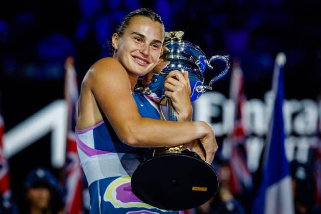 Belarusian Aryna Sabalenka WTA, Tennis Damen 5) celebrates with the trophy after winning a Women s Singles final match between Russian Rybakina and Belarusian Sabalenka at the Australian Open tennis Grand Slam, Saturday 28 January 2023 in Melbourne Park, Melbourne, Australia. PATRICKxHAMILTON  x58852572x