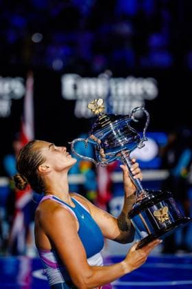 Belarusian Aryna Sabalenka WTA, Tennis Damen 5) celebrates with the trophy after winning a Women s Singles final match between Russian Rybakina and Belarusian Sabalenka at the Australian Open tennis Grand Slam, Saturday 28 January 2023 in Melbourne Park, Melbourne, Australia. PATRICKxHAMILTON  x58852575x