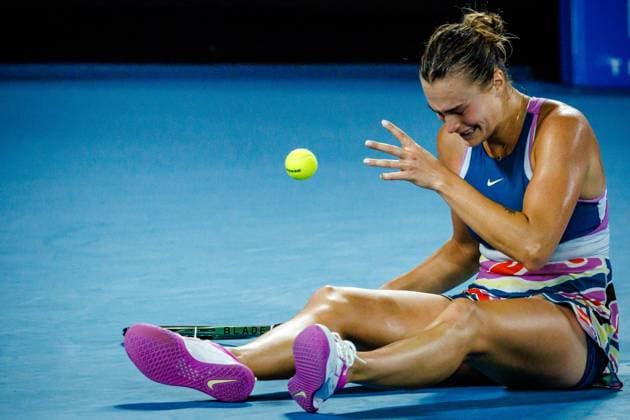 Belarusian Aryna Sabalenka WTA, Tennis Damen 5) reacts after winning a Women s Singles final match between Russian Rybakina and Belarusian Sabalenka at the Australian Open tennis Grand Slam, Saturday 28 January 2023 in Melbourne Park, Melbourne, Australia. PATRICKxHAMILTON  x58852619x