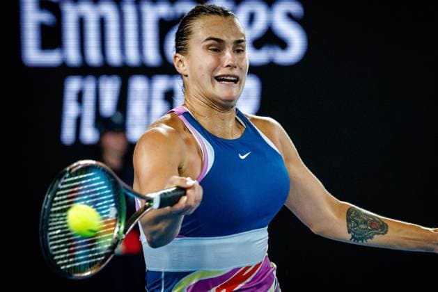 Belarusian Aryna Sabalenka WTA, Tennis Damen 5) reacts after winning a Women s Singles final match between Russian Rybakina and Belarusian Sabalenka at the Australian Open tennis Grand Slam, Saturday 28 January 2023 in Melbourne Park, Melbourne, Australia. PATRICKxHAMILTON  x58852779x