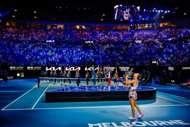 Belarusian Aryna Sabalenka WTA, Tennis Damen 5) celebrates with the trophy after winning a Women s Singles final game between Russian Rybakina and Belarusian Sabalenka at the Australian Open tennis Grand Slam, Saturday 28 January 2023 in Melbourne Park, Melbourne, Australia. PATRICKxHAMILTON  x58852892x