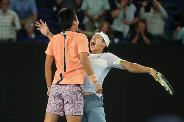 Rinky Hijikata and Jason Kubler of Australia defeat Hugo Nys of Monaco and Jan Zielinski of Poland 6-4 7-6 in Men™s Doubles Final match, Day 13 at the Australian Open Tennis 2023 at Rod Laver Arena, Melbourne, Australia on 28 January 2023. Copyright: xPeterxDovganx 34782763