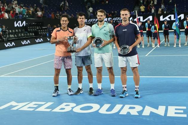 Rinky Hijikata and Jason Kubler of Australia defeat Hugo Nys of Monaco and Jan Zielinski of Poland 6-4 7-6 in Men™s Doubles Final match, Day 13 at the Australian Open Tennis 2023 at Rod Laver Arena, Melbourne, Australia on 28 January 2023. Copyright: xPeterxDovganx 34782771