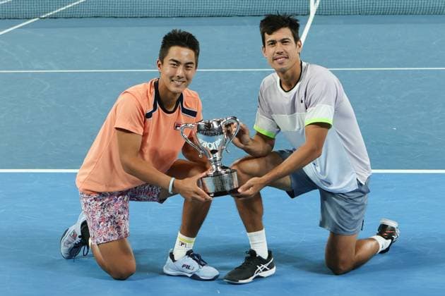 Rinky Hijikata and Jason Kubler of Australia defeat Hugo Nys of Monaco and Jan Zielinski of Poland 6-4 7-6 in Men™s Doubles Final match, Day 13 at the Australian Open Tennis 2023 at Rod Laver Arena, Melbourne, Australia on 28 January 2023. Copyright: xPeterxDovganx 34782773