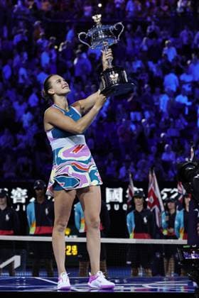 Aryna Sabalenka, BLR, during trophy presentation after final of 2023 Australian Open in Melbourne, 28 01 2023