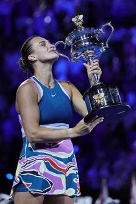 Aryna Sabalenka, BLR, during trophy presentation after final of 2023 Australian Open in Melbourne, 28 01 2023
