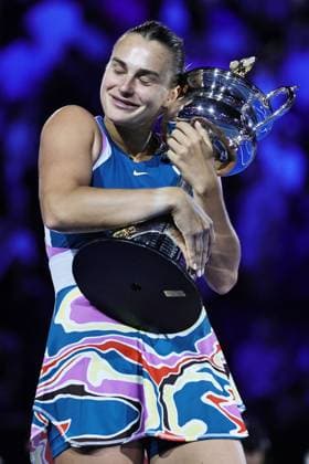 Aryna Sabalenka, BLR, during trophy presentation after final of 2023 Australian Open in Melbourne, 28 01 2023