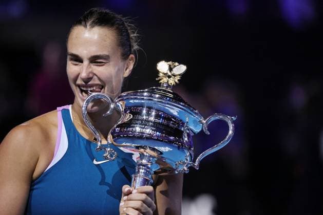 Aryna Sabalenka, BLR, during trophy presentation after final of 2023 Australian Open in Melbourne, 28 01 2023