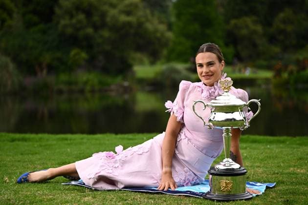 TENNIS AUSTRALIAN OPEN, Aryna Sabalenka of Belarus poses for a photo with the Daphne Akhurst Memorial Cup following her win over Elena Rybakina of Kazakhstan in the Women?s Singles Final at the 2023 Australian Open tennis tournament in Melbourne, Sunday, January 29, 2023. ( NO ARCHIVING, EDITORIAL USE ONLY, NO USE IN BOOKS WITHOUT CONSENT MELBOURNE VICTORIA AUSTRALIA  Copyright: xJOELxCARRETTx 20230129001757760023