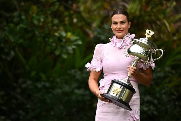 TENNIS AUSTRALIAN OPEN, Aryna Sabalenka of Belarus arrives for a photo with the Daphne Akhurst Memorial Cup following her win over Elena Rybakina of Kazakhstan in the Women?s Singles Final at the 2023 Australian Open tennis tournament in Melbourne, Sunday, January 29, 2023. ( NO ARCHIVING, EDITORIAL USE ONLY, NO USE IN BOOKS WITHOUT CONSENT MELBOURNE VICTORIA AUSTRALIA  Copyright: xJOELxCARRETTx 20230129001757760778