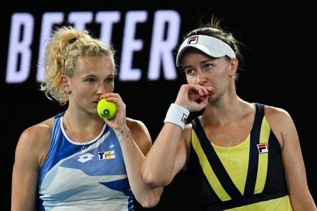 TENNIS AUSTRALIAN OPEN, Barbora Krejcikova and Katerina Siniakova of the Czech Republic react during their Women?s doubles final match against Shuko Aoyama and Ena Shibahara of Japan at the 2023 Australian Open tennis tournament at Melbourne Park in Melbourne, Sunday, January 29, 2023. ( NO ARCHIVING, EDITORIAL USE ONLY, NO USE IN BOOKS WITHOUT CONSENT MELBOURNE VICTORIA AUSTRALIA  Copyright: xLUKASxCOCHx 20230129001757844949