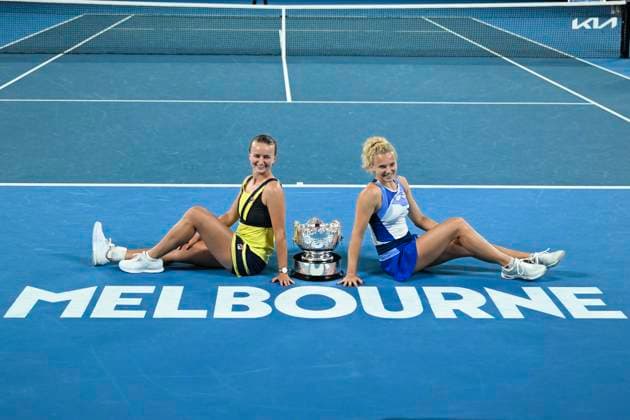 TENNIS AUSTRALIAN OPEN, Barbora Krejcikova and Katerina Siniakova of the Czech Republic pose for photographs with the trophy after winning their Women?s doubles final match against Shuko Aoyama and Ena Shibahara of Japan at the 2023 Australian Open tennis tournament at Melbourne Park in Melbourne, Sunday, January 29, 2023. ( NO ARCHIVING, EDITORIAL USE ONLY, NO USE IN BOOKS WITHOUT CONSENT MELBOURNE VICTORIA AUSTRALIA  Copyright: xLUKASxCOCHx 20230129001757852459