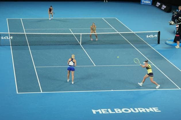Barbora Krejcikova and Katerina Siniakova of Czech Republic in action against Shuko Aoyama and Ena Shibahara of Japan in Women™s Doubles Final match, Day 14 at the Australian Open Tennis 2023 at Rod Laver Arena, Melbourne, Australia on 29 January 2023. Copyright: xPeterxDovganx 34782787