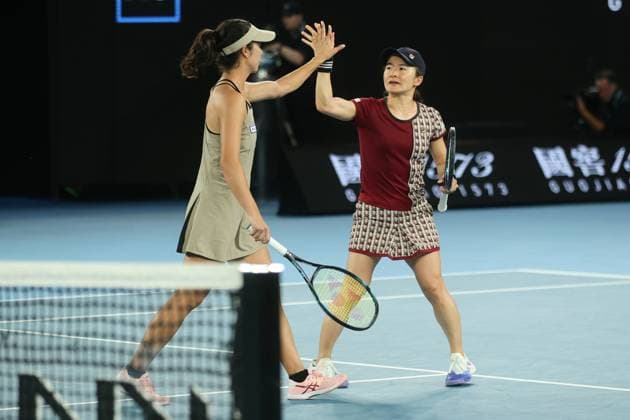 Shuko Aoyama and Ena Shibahara of Japan in action against Barbora Krejcikova and Katerina Siniakova of Czech Republic in Women™s Doubles Final match, Day 14 at the Australian Open Tennis 2023 at Rod Laver Arena, Melbourne, Australia on 29 January 2023. Copyright: xPeterxDovganx 34782791