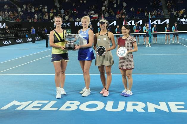 Champions Barbora Krejcikova and Katerina Siniakova of Czech Republic Runners Up Shuko Aoyama and Ena Shibahara of Japan pose with their trophies in Women™s Doubles Final match, Day 14 at the Australian Open Tennis 2023 at Rod Laver Arena, Melbourne, Australia on 29 January 2023. Copyright: xPeterxDovganx 34782795