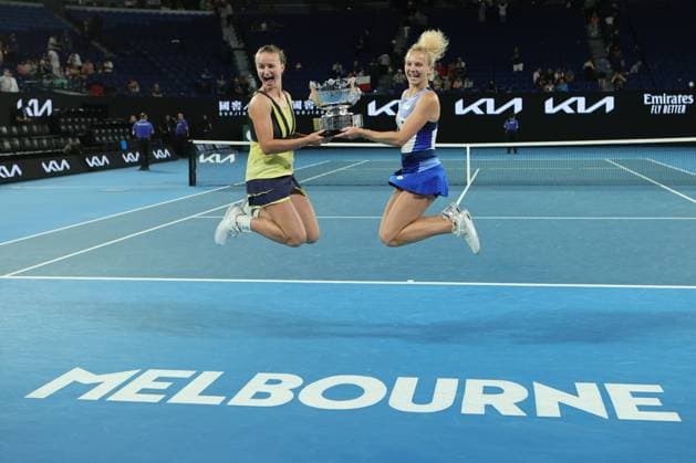 Champions Barbora Krejcikova and Katerina Siniakova of Czech Republic pose with their trophies after defeating Shuko Aoyama and Ena Shibahara of Japan 6-4 6-3 in Women™s Doubles Final match, Day 14 at the Australian Open Tennis 2023 at Rod Laver Arena, Melbourne, Australia on 29 January 2023. Copyright: xPeterxDovganx 34782799
