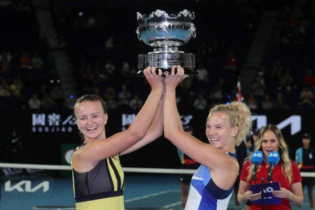 Champions Barbora Krejcikova and Katerina Siniakova of Czech Republic pose with their trophies after defeating Shuko Aoyama and Ena Shibahara of Japan 6-4 6-3 in Women™s Doubles Final match, Day 14 at the Australian Open Tennis 2023 at Rod Laver Arena, Melbourne, Australia on 29 January 2023. Copyright: xPeterxDovganx 34782805