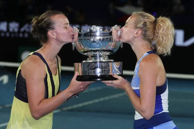 Champions Barbora Krejcikova and Katerina Siniakova of Czech Republic pose with their trophies after defeating Shuko Aoyama and Ena Shibahara of Japan 6-4 6-3 in Women™s Doubles Final match, Day 14 at the Australian Open Tennis 2023 at Rod Laver Arena, Melbourne, Australia on 29 January 2023. Copyright: xPeterxDovganx 34782807