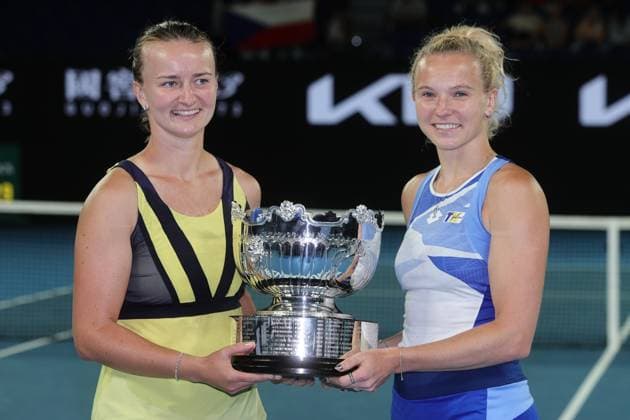 Champions Barbora Krejcikova and Katerina Siniakova of Czech Republic pose with their trophies after defeating Shuko Aoyama and Ena Shibahara of Japan 6-4 6-3 in Women™s Doubles Final match, Day 14 at the Australian Open Tennis 2023 at Rod Laver Arena, Melbourne, Australia on 29 January 2023. Copyright: xPeterxDovganx 34782809