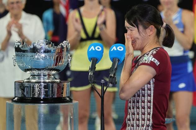 Shuko Aoyama of Japan gives a speech after losing to Barbora Krejcikova and Katerina Siniakova of Czech Republic in the match against Shuko Aoyama and Ena Shibahara of Japan 6-4 6-3 in WomenÕs Doubles Final match, Day 14 at the Australian Open Tennis 2023 at Rod Laver Arena, Melbourne, Australia on 29 January 2023. Copyright: xPeterxDovganx 34782816