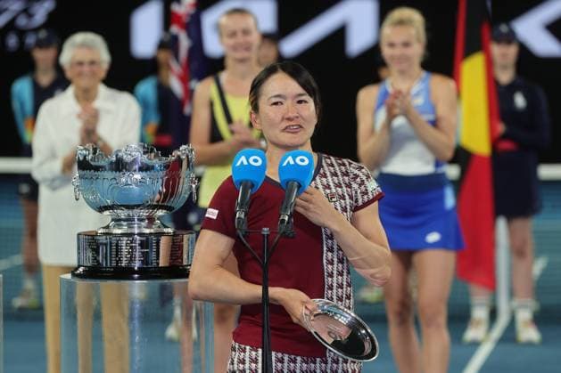 Shuko Aoyama of Japan gives a speech after losing to Barbora Krejcikova and Katerina Siniakova of Czech Republic in the match against Shuko Aoyama and Ena Shibahara of Japan 6-4 6-3 in WomenÕs Doubles Final match, Day 14 at the Australian Open Tennis 2023 at Rod Laver Arena, Melbourne, Australia on 29 January 2023. Copyright: xPeterxDovganx 34782818