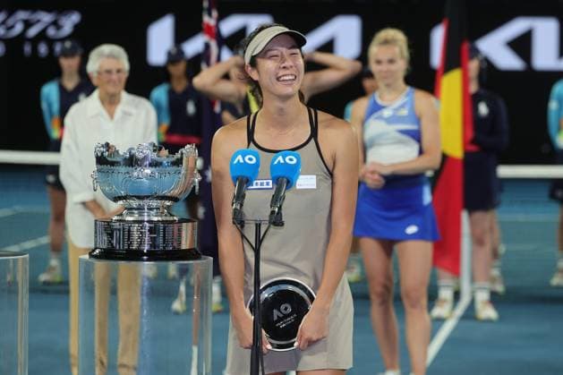 Ena Shibahara of Japan gives a speech after losing to Barbora Krejcikova and Katerina Siniakova of Czech Republic in the match against Shuko Aoyama and Ena Shibahara of Japan 6-4 6-3 in WomenÕs Doubles Final match, Day 14 at the Australian Open Tennis 2023 at Rod Laver Arena, Melbourne, Australia on 29 January 2023. Copyright: xPeterxDovganx 34782819